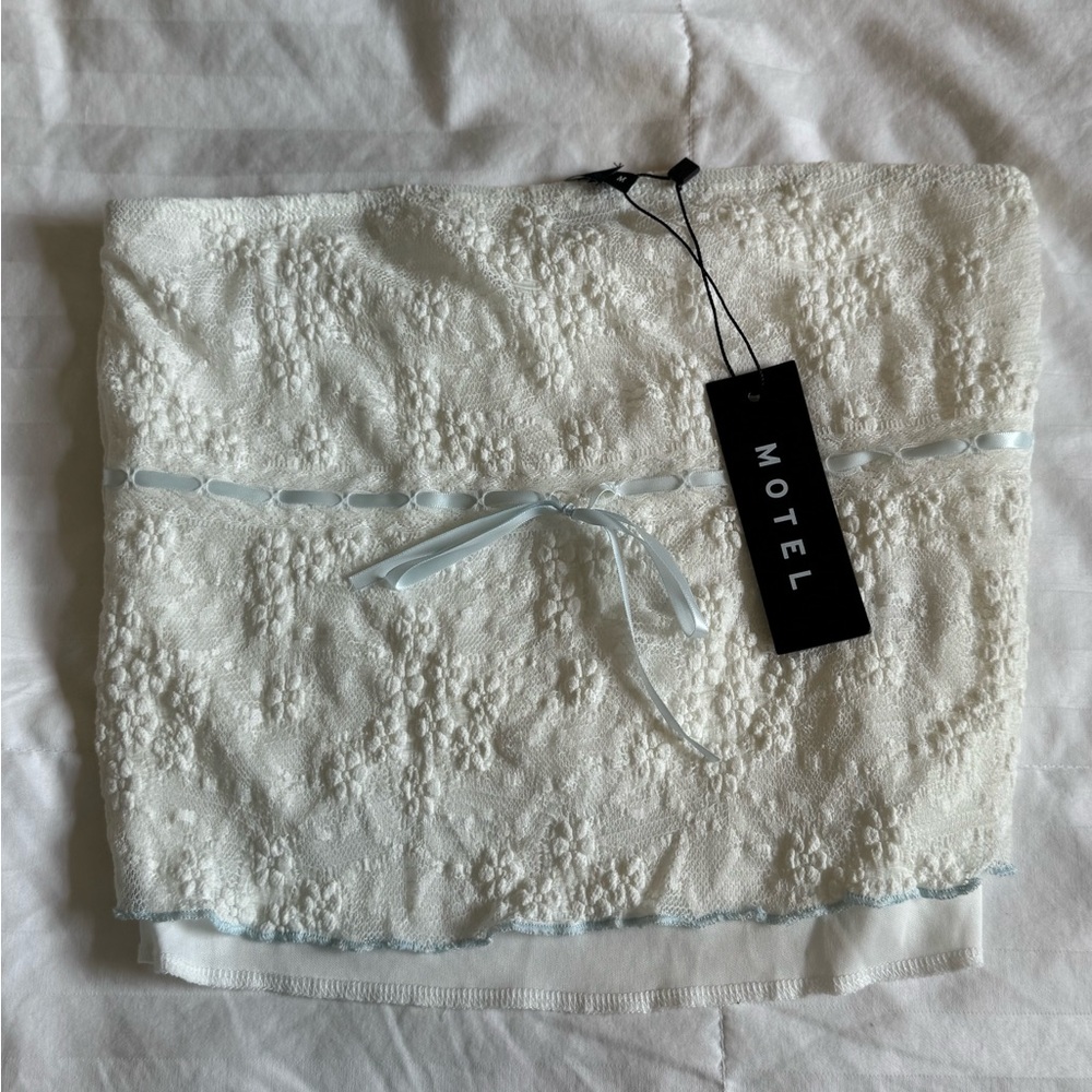Motel Rocks Ivory Lace Top with Blue Ribbon